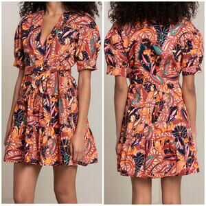 ALC Carey Belted Printed Cotton Mini Dress Russet Multicolor